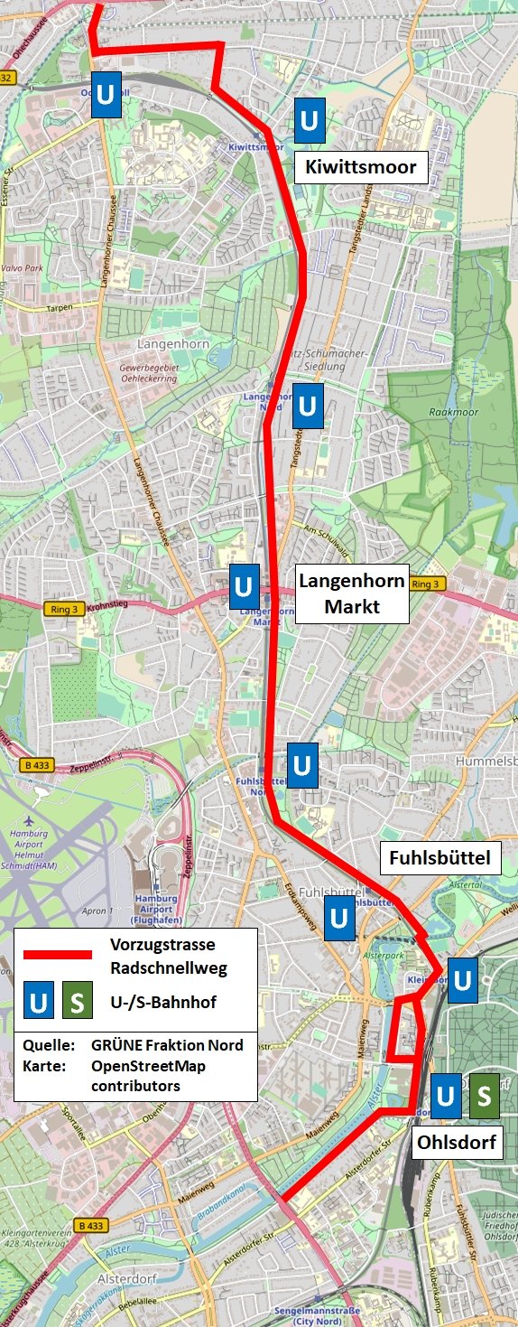 Karte: Vorgeschlagene Trasse für den Radschnellweg in Hamburg-Nord