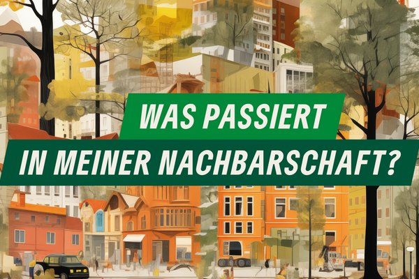 Plakatmotiv: Gezeichnete Collage von Gebäuden, Bäumen und Menschen (GRÜNE Fraktion Nord)