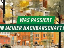 Plakatmotiv: Gezeichnete Collage von Gebäuden, Bäumen und Menschen (GRÜNE Fraktion Nord)