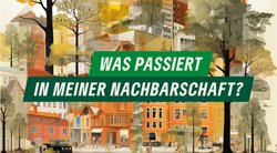 Plakatmotiv: Gezeichnete Collage von Gebäuden, Bäumen und Menschen (GRÜNE Fraktion Nord)