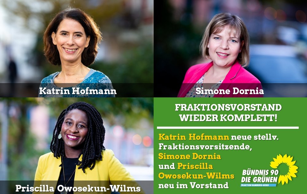 Katrin Hofmann, stellvertretende Vorsitzende, sowie Simone Dornia und Priscilla Owosekun-Wilms, neu im Fraktionsvorstand Katrin Hofmann, stellvertretende Vorsitzende, sowie Simone Dornia und Priscilla Owosekun-Wilms, neu im Fraktionsvorstand