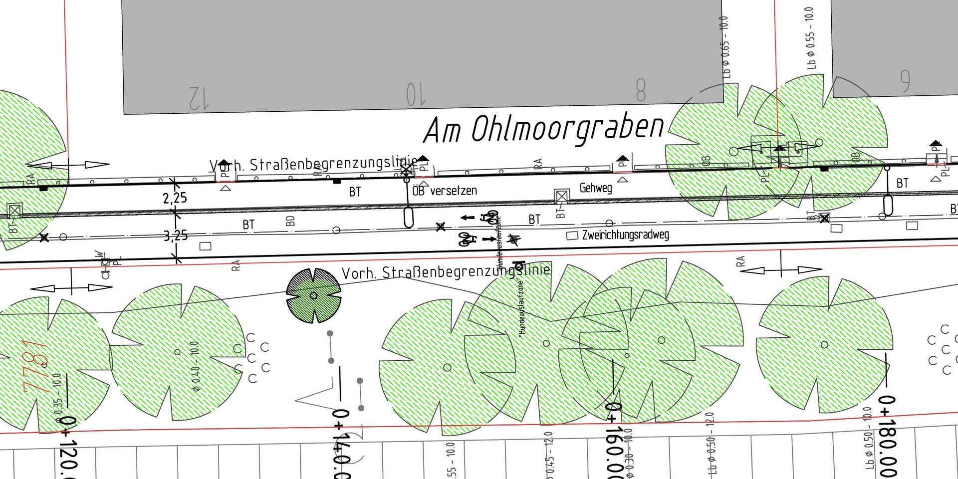 Planzeichung: Breiter Zweirichtungs-Radweg ohne Autoverkehr