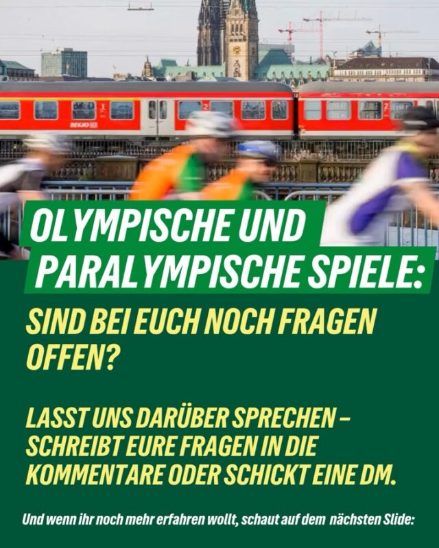 Lasst uns über Olympia sprechen. Hier in den Kommentaren oder am Dienstag 👀

Aktuell gibt’s viele Veranstaltungen zu Olympia, eine wollen wir euch besonders ans Herz legen:

Unsere Bürgerschaftsabgeordneten@alske.freter und @simone.dornia sowie Simone Blunck vom Vorprojekt Olympia machen eine Diskussions- und Informationsveranstaltung mit der Leitfrage „Olympische und Paralympische Spiele – was können sie für unsere Stadt bewegen?“. Am 28. April ab 19.30 wird im Verbandshaus des Hamburger Rugby-Verbands diskutiert. Kommt vorbei, wenn ihr mehr erfahren wollt.

Falls ihr aber noch Fragen habt, was das Olympia-Referendum, die Bewerbung und die geplanten Spiele für Hamburg-Nord bedeuten könnten: schreibt uns gern eine DM oder einen Kommentar; wir versuchen, sie alle zu beantworten.