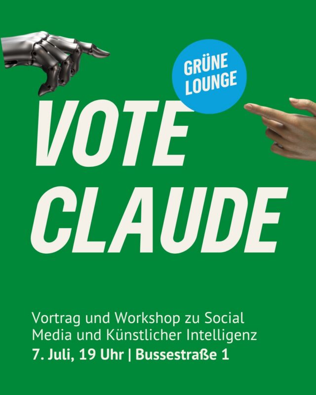 Die GRÜNE Lounge ist unser “Stammtisch”-Format, sie ist für alle offen. Im Juli gestaltet die AG Social Media unser Treffen mit einem Vortrag & Workshop zu Social Media & Künstlicher Intelligenz. Wir treffen uns am 7.7. um 19 Uhr in unserer Geschäftsstelle in der Bussestrasse 1. Keinerlei Vorkenntnisse nötig - bringt aber gern euer Handy mit, damit ihr live ausprobieren könnt!