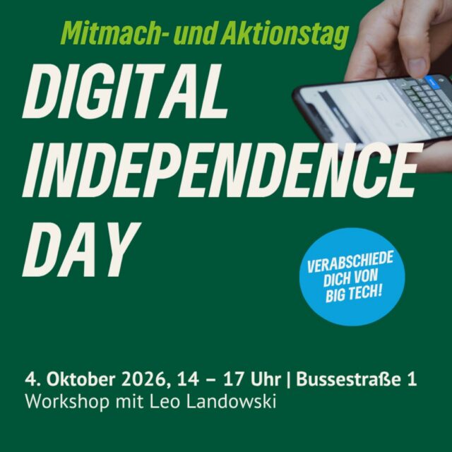 WhatsApp, Gmail, Windows, X – unser digitaler Alltag liegt zu großen Teilen in den Händen weniger US-Konzerne. Der Digital Independence Day lädt dazu ein, das Schritt für Schritt zu ändern: weg von zentralisierten Plattformen, hin zu freien, datenschutzfreundlichen und demokratiefreundlichen Alternativen.
Am 4. Oktober ab 14 Uhr veranstaltet die AG Social Media einen Workshop mit Leo Landowski im Rahmen des Digital Independence Days. Wir erörtern, welche Risiken bei den populären Diensten, Konzernen und Plattformen bestehen, weshalb sich der Wechsel weg von diesen lohnt und steigen bei Interesse direkt gemeinsam ein.
Die Teilnahme ist kostenlos.
Ort: Geschäftsstelle GRÜNE HH-Nord Bussestr. 1, 22299 Hamburg